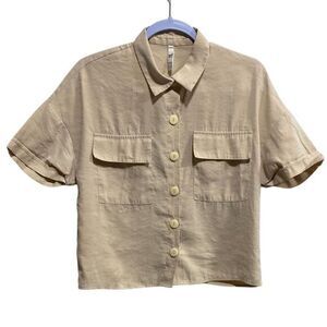 ZARA TRF Modal Blend Cropped Utility Button-Up Top Beige‎ Relaxed Fit XS